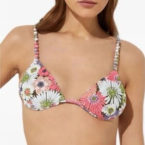 Agua Bendita Floral Triangle Bikini Top in White, Pink, Green